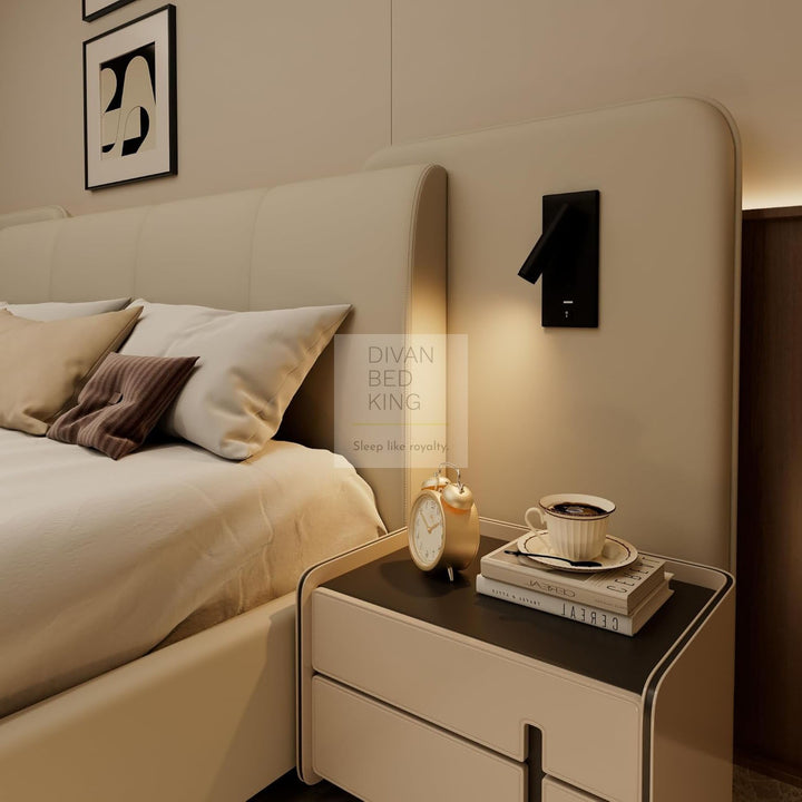 Monteleone Oversized Headboard White Leather Bed Frame with Integrated Lighting & USB Charging