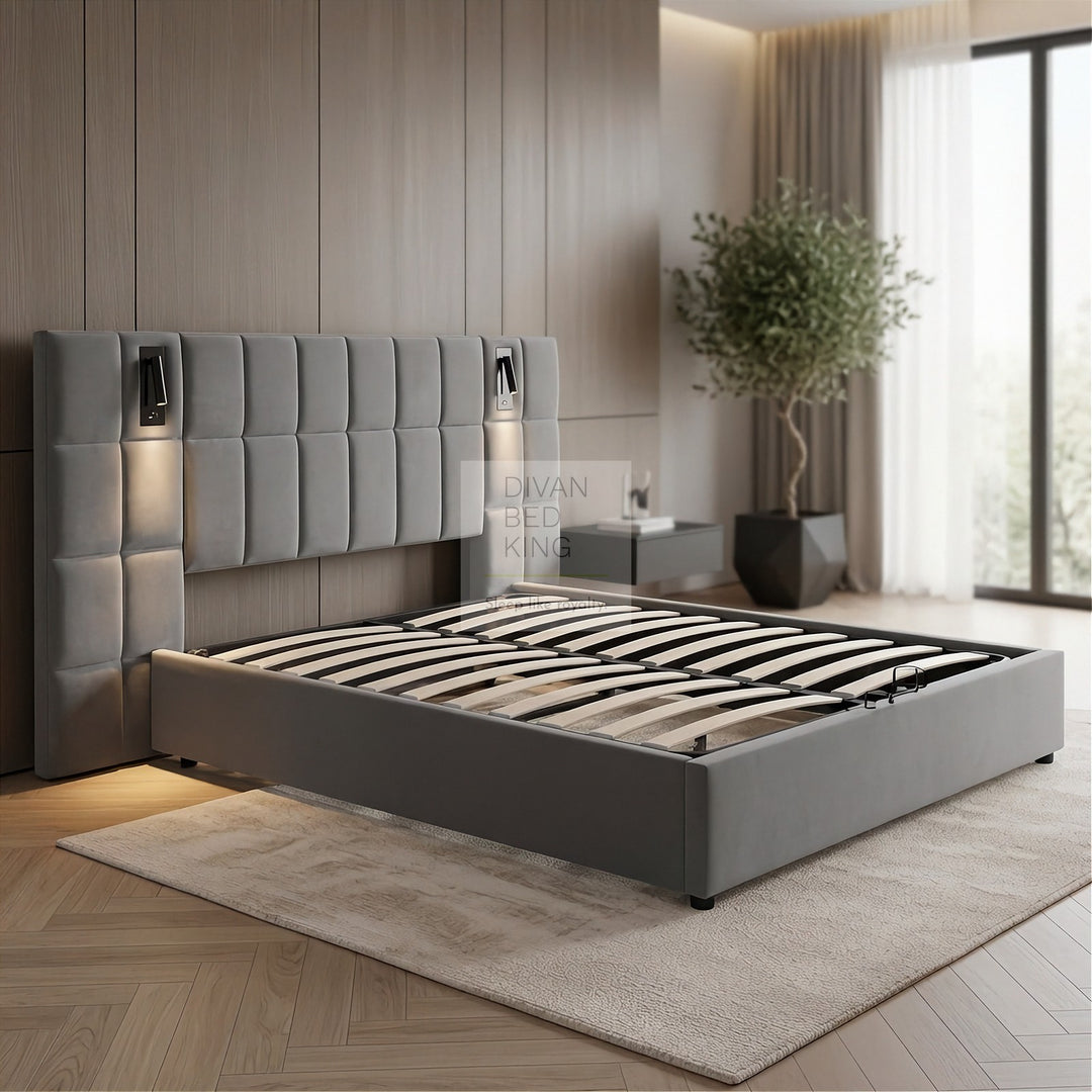 Avernus Oversized Headboard Grey Ottoman Storage Bed Frame with Integrated Lighting & USB Charging
