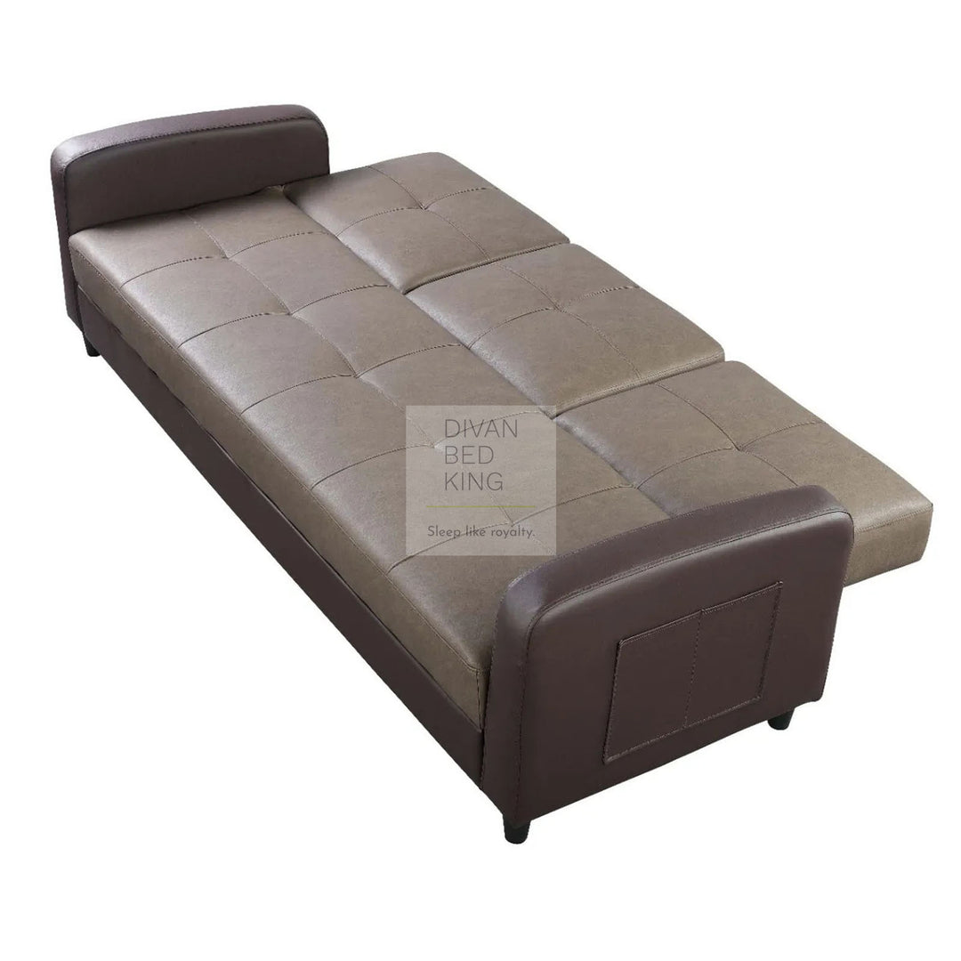 Salazar Ash Grey Brown Leather 3 Seater Sofa Bed with Cup Holders, Armrest and Side Storage Pockets