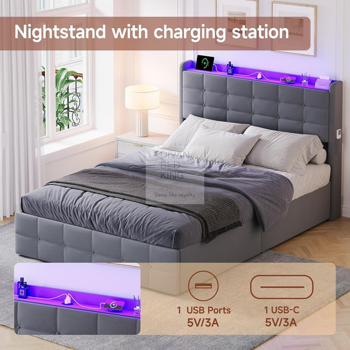 Vicente 4 Drawer Soft Grey Velvet Bed with LED Lights, Type C and USB Charging Adjustable Headboard Shelf