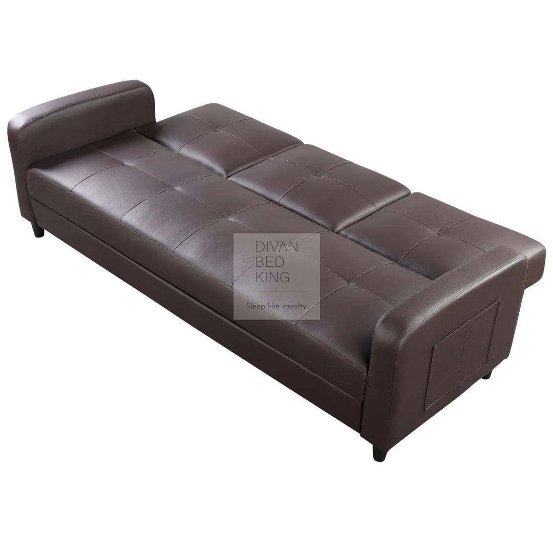 Salazar Brown Leather 3 Seater Sofa Bed with Cup Holders, Armrest and Side Storage Pockets