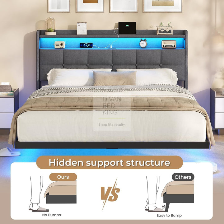 Houston Smart Metal Floating Bed with Grey Linen Padded Storage Headboard, LED Lights, USB & Type C Charging Station