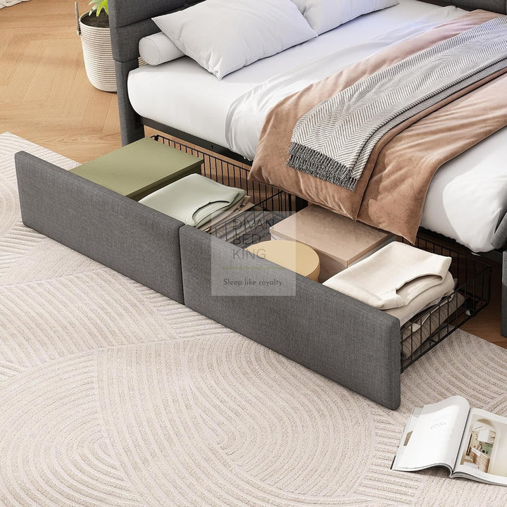 Avayah Grey Linen Smart Daybed Sofa Bed with 2 Drawers, LED Shelves Storage, USB & Type C Charging Station & Storage Box