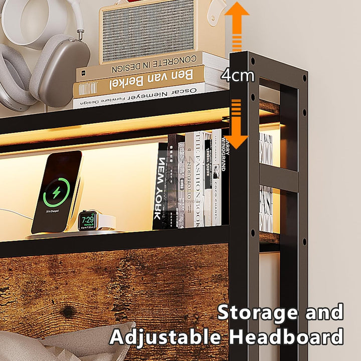 Henry Metal Wooden Hybrid Brown Bed with 4 Drawers with Headboard, LED Reading Lights, Sockets, USB, Type C Charging