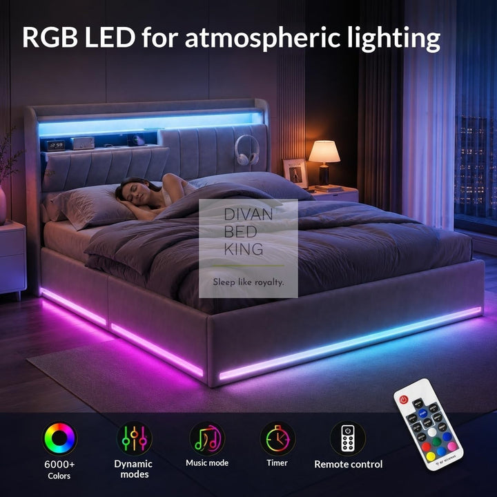 Kairi LED Grey Velvet Ottoman Storage Smart Bed with USB Type C Charging Station on Headboard Storage Shelf