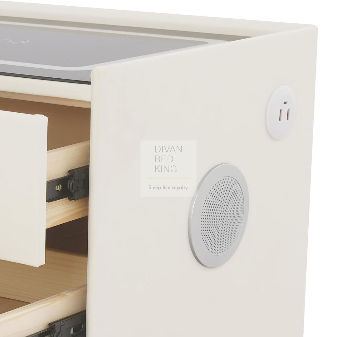 Elara White 3 Drawer Smart LED Bedside Table with Bluetooth Speakers, Fingerprint Lock, USB and Wireless Charging