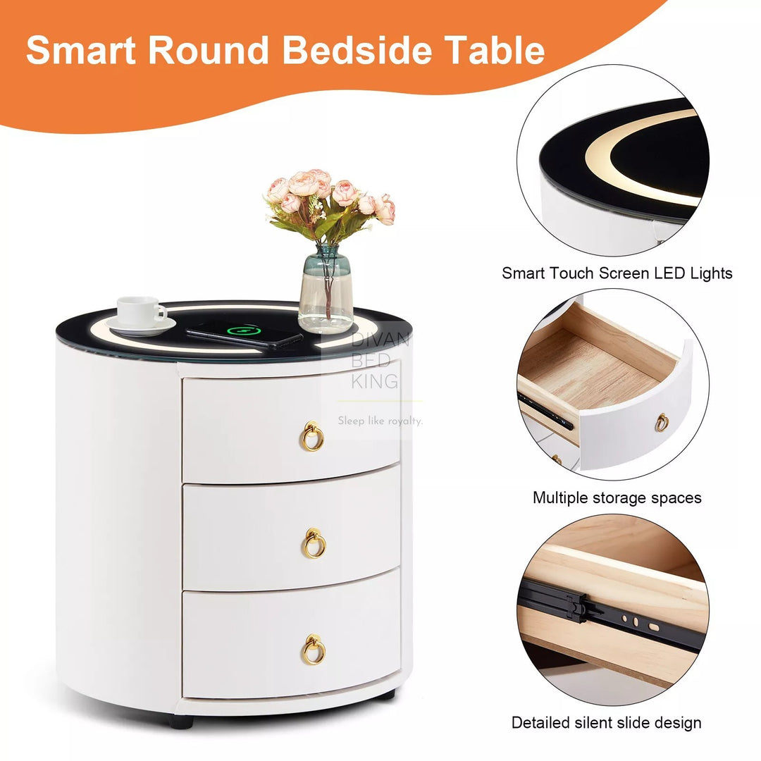 Adrastea White Leather 3 Drawer Smart LED Bedside Table with Wireless Charging