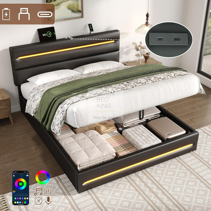 Desulo Black Leather Smart Ottoman Bed with LED Lighting, Type C, and USB Charging