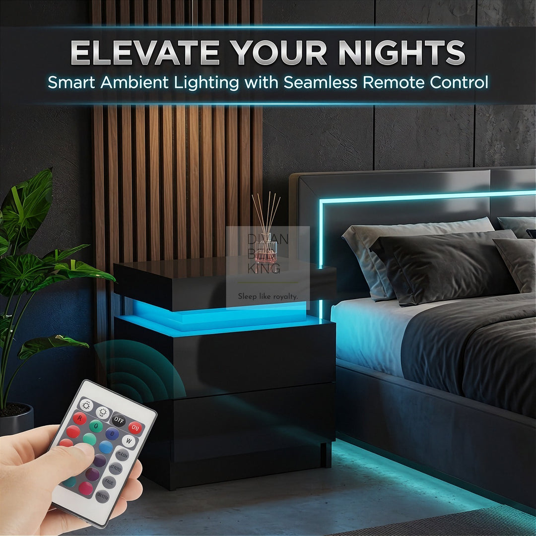 Schneider 2 Drawer Black High Gloss Smart LED Bedside Table