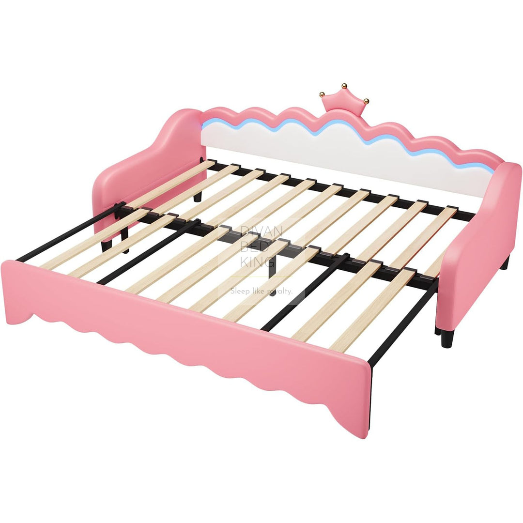 Vivian Pink Leather Girls Smart Sofa Bed with LED Lights & Trundle Daybed Couch