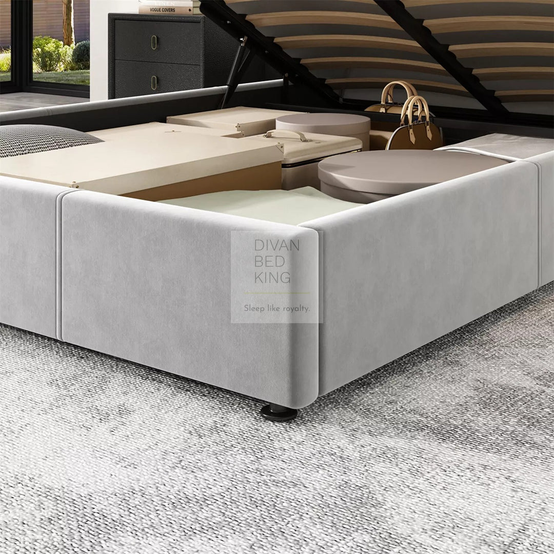 Sierra LED Grey Ottoman Storage Bed with Bluetooth Speakers & USB Ports