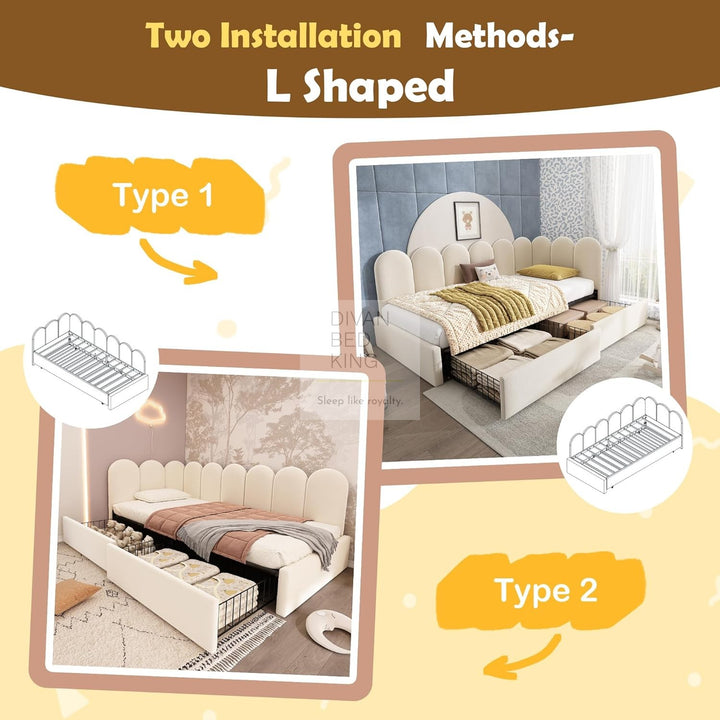 Novara Beige Plush Velvet 2 Drawer Corner 2 Seater Daybed Sofa Bed Couch