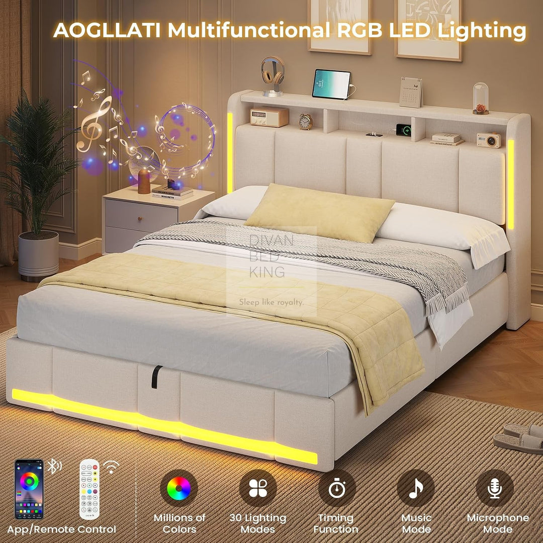 Castellano Beige Linen Ottoman Storage Bed with LED Lights, Type C and USB Charging Headboard Storage Shelf