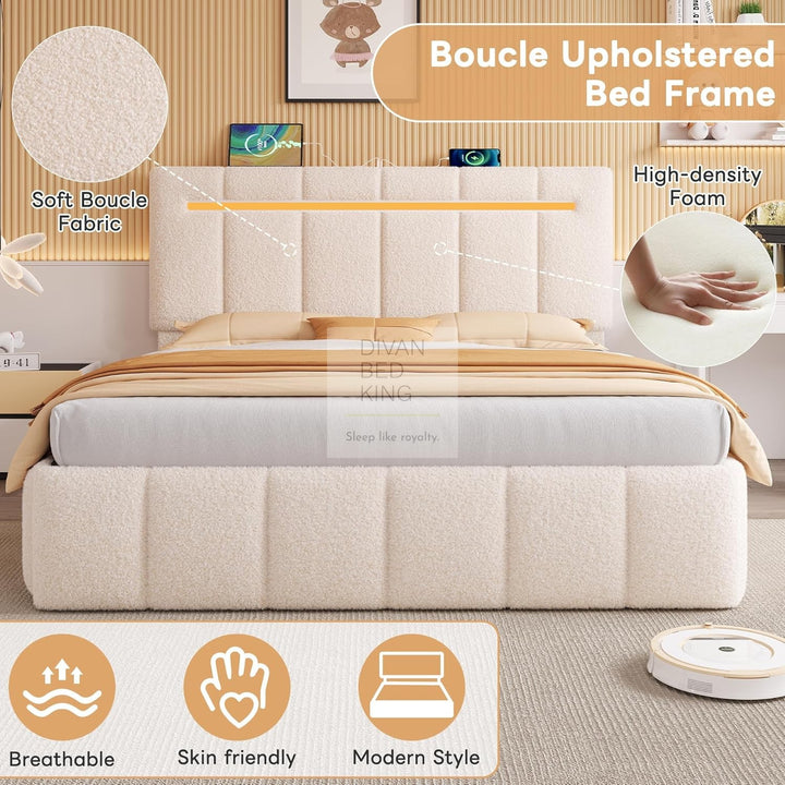 Lanusei Cream Beige Soft Boucle Ottoman Storage Smart Bed with LED Lights, Type C and USB Charging Headboard Shelf