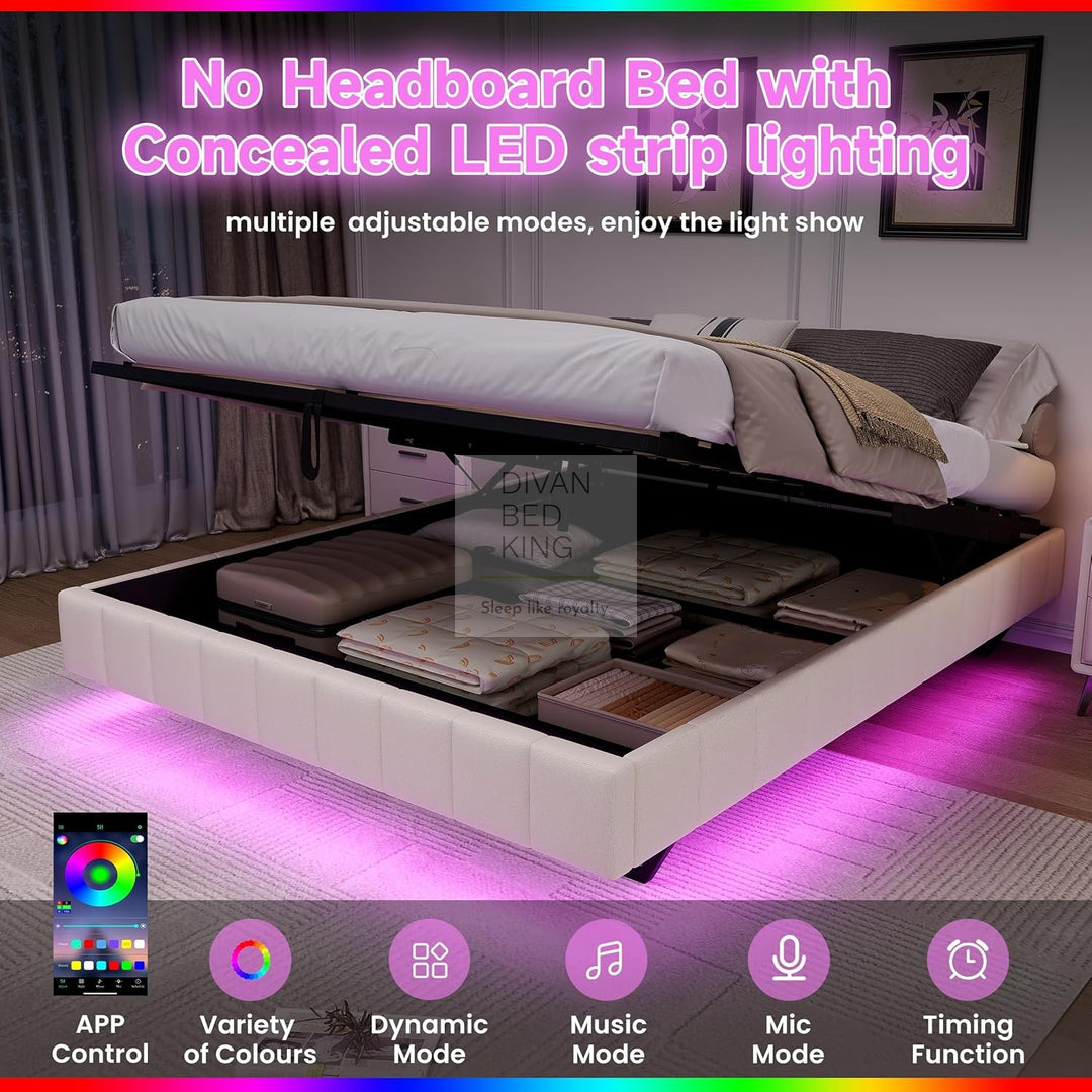 Carrillo Floating Style Smart LED Beige Linen Ottoman Gas Lift Storage Bed Base