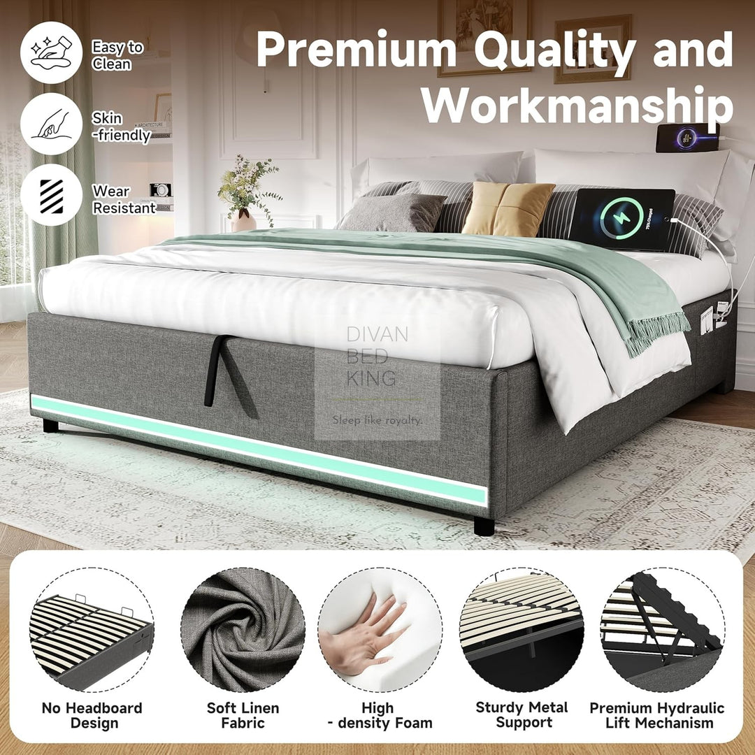 Castanea Smart LED Grey Linen Ottoman Gas Lift Storage Bed Base with USB Type C Charging Ports