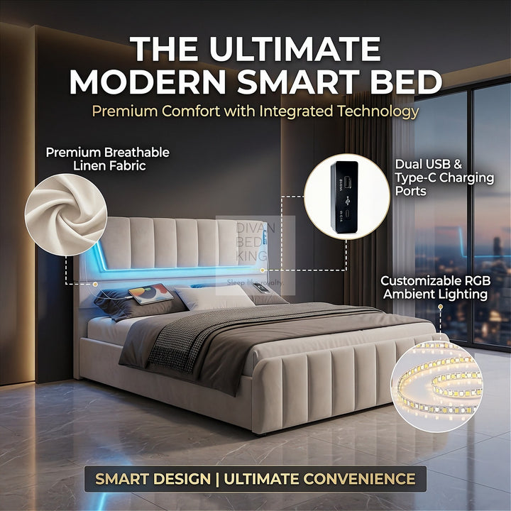Kamari 4 Drawer Storage Beige Plush Velvet Smart Bed with with LED Lights, USB and Type-C Charging