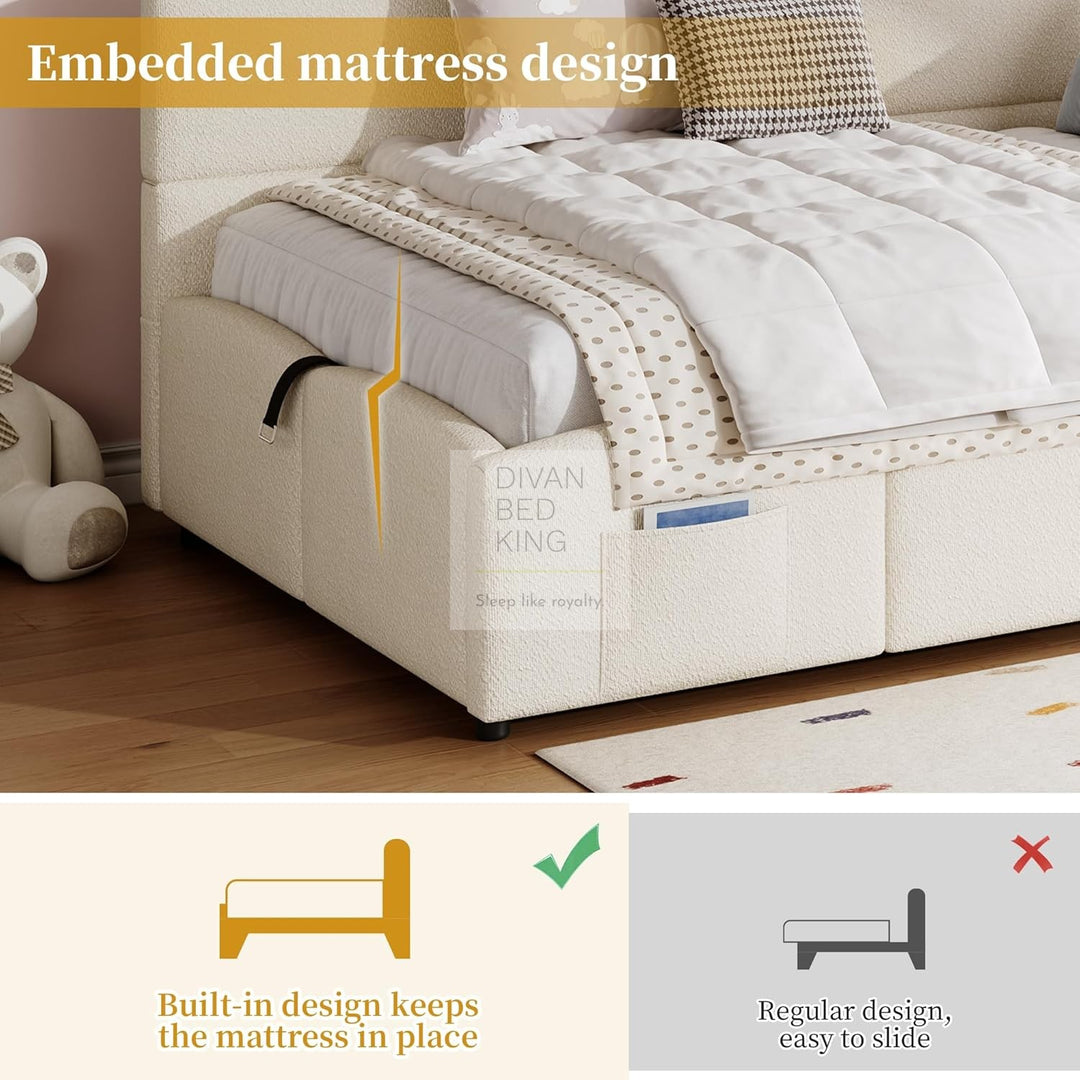 Amaia Beige Boucle Teddy Fabric Smart Ottoman Storage Daybed Sofa Bed Couch with Charging Station, USB & Type C Ports