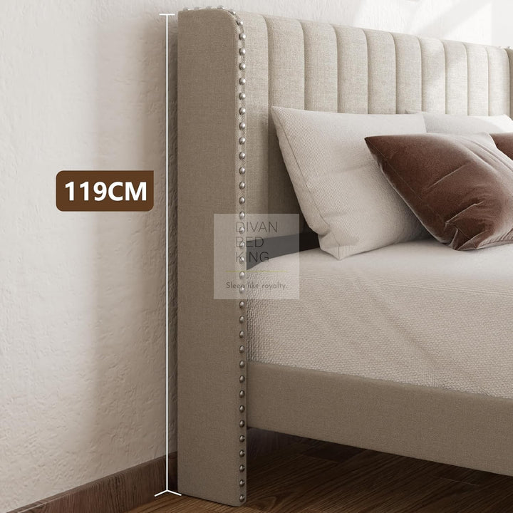 Catania Wingback Panel Headboard Beige Linen Bed with & 1 Large End Drawer Storage