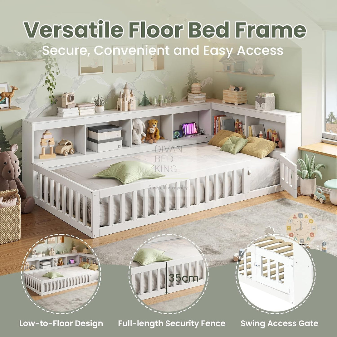 Woodward White Wooden Low Floor Bed with Type C and USB Charging Headboard Storage Shelf