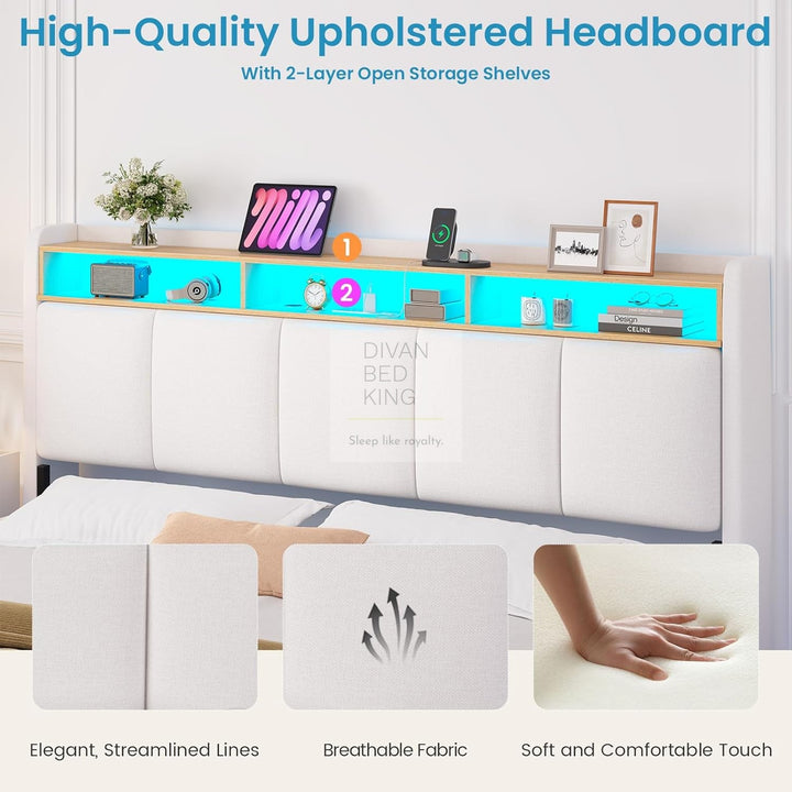 Houston Smart Metal Floating Bed with White Linen Padded Storage Headboard, LED Lights, Plug Sockets, USB & Type C Charging Station