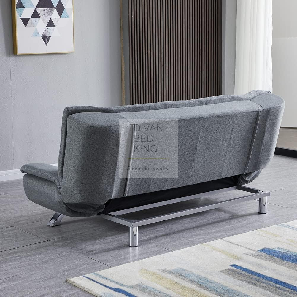 Bryson Grey Linen 3 Seater Sofa Bed with Chrome Legs & Matching Pillows