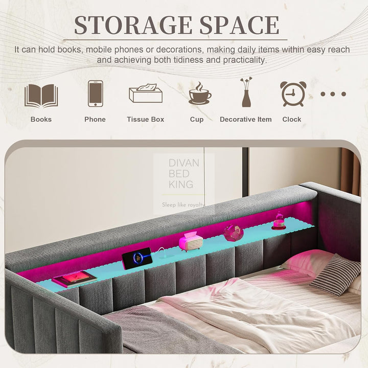 Adalynn Grey Plush Velvet Smart Sofa Bed Daybed with Bluetooth LED Lights, Storage, Shelves, USB & Type C Charging & Trundle