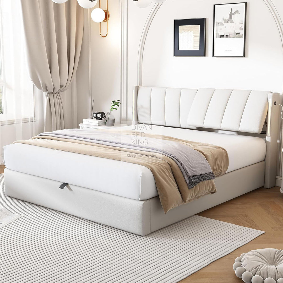 Lochlan White Leather Ottoman Bed with Adjustable Headrest + LED + USB + Type C Charging