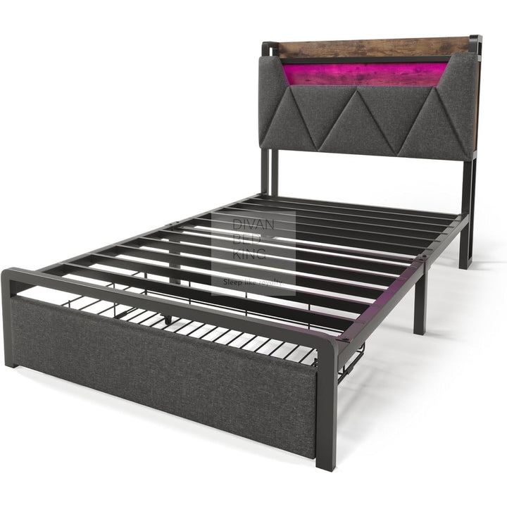 Cagliari Kids Charcoal Grey Linen 2 Drawer Smart Bed with LED Light, Type C and USB Charging Headboard Storage Shelf
