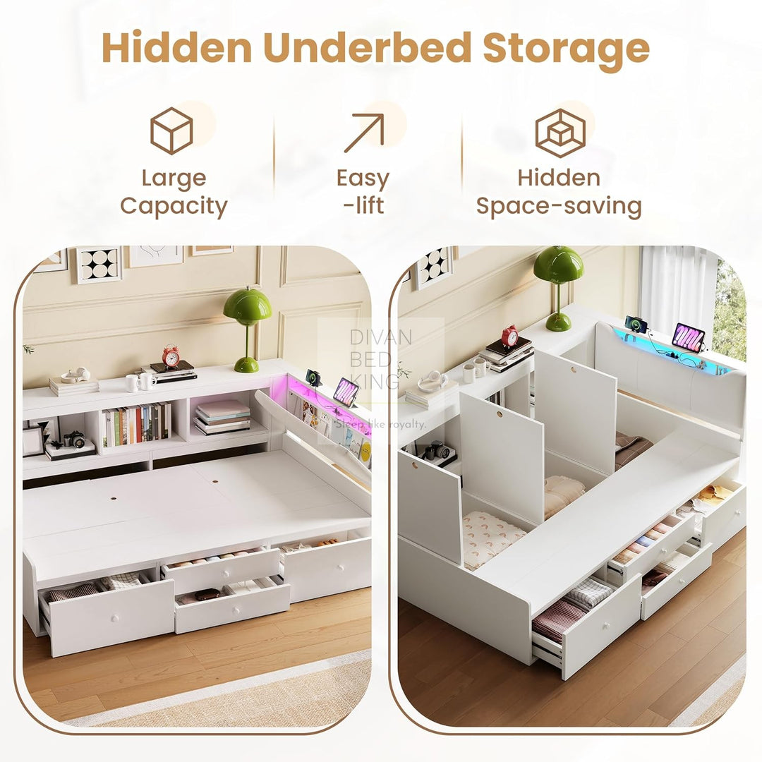Hartman White Wooden Smart Day Bed with LED Lights, Type C and USB Charging Linen Headboard Storage Shelf