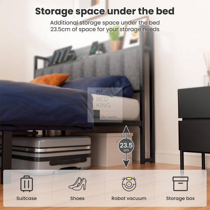 Kamryn Grey Linen Black Metal Smart Bed with Storage LED Lights Headboard Shelf, USB and Type C Charging