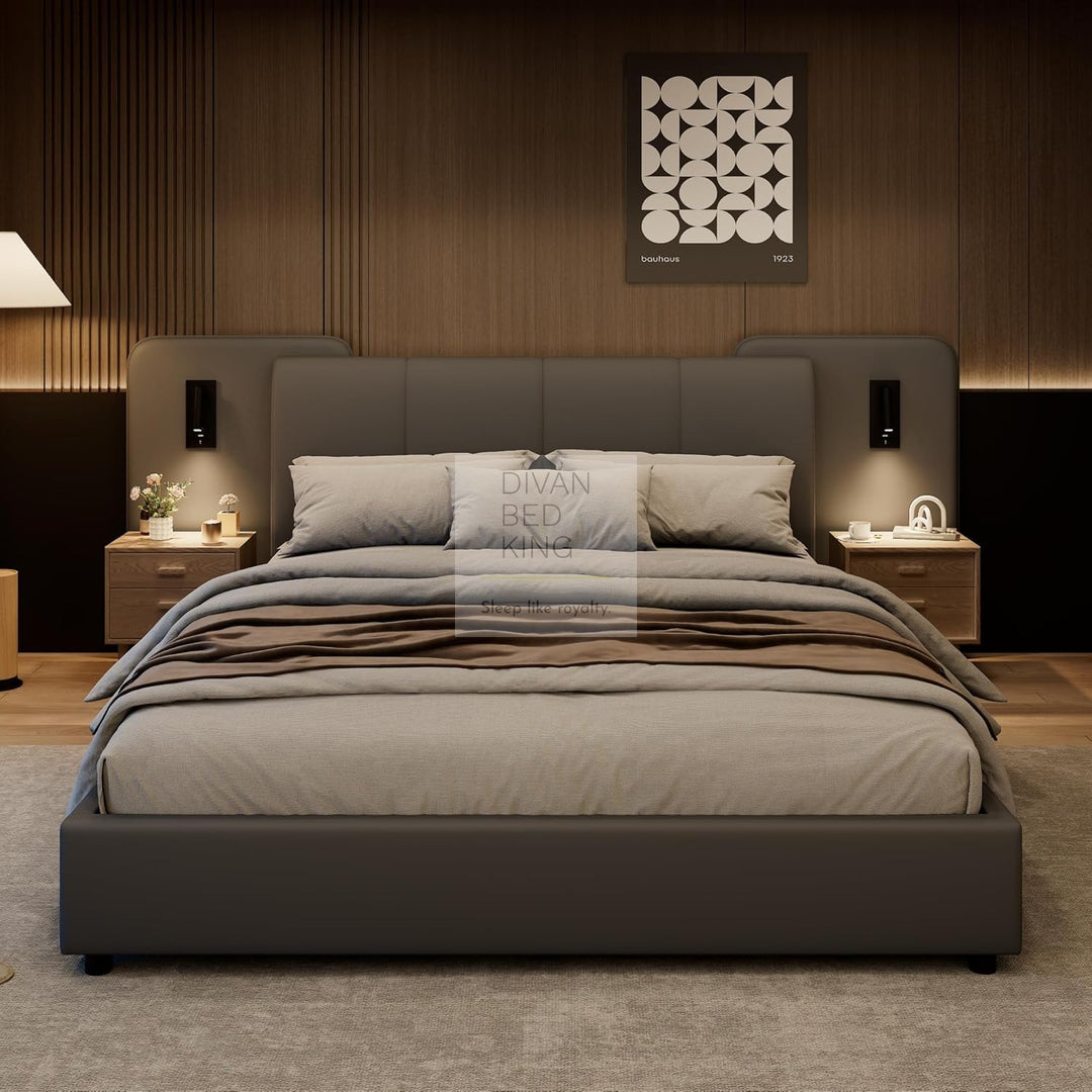 Monteleone Oversized Headboard Grey Leather Bed Frame with Integrated Lighting & USB Charging