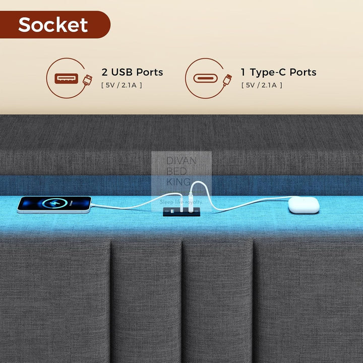 Everleigh Grey Linen Floating Bed Frame with Padded Storage Headboard, LED Lights, USB & Type-C Charging Station