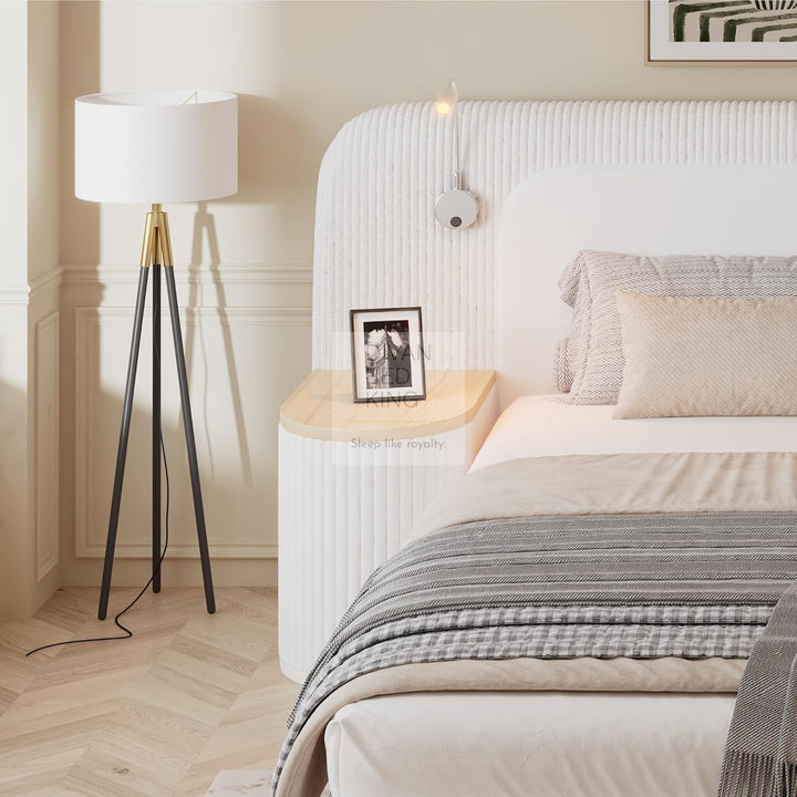 Nuragas Oversized Headboard Beige Velvet Bed Frame with Integrated Lighting & 2 Bedside Tables