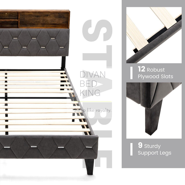 Vangogh Grey Plush Velvet Bed Frame with Headboard Storage Shelves