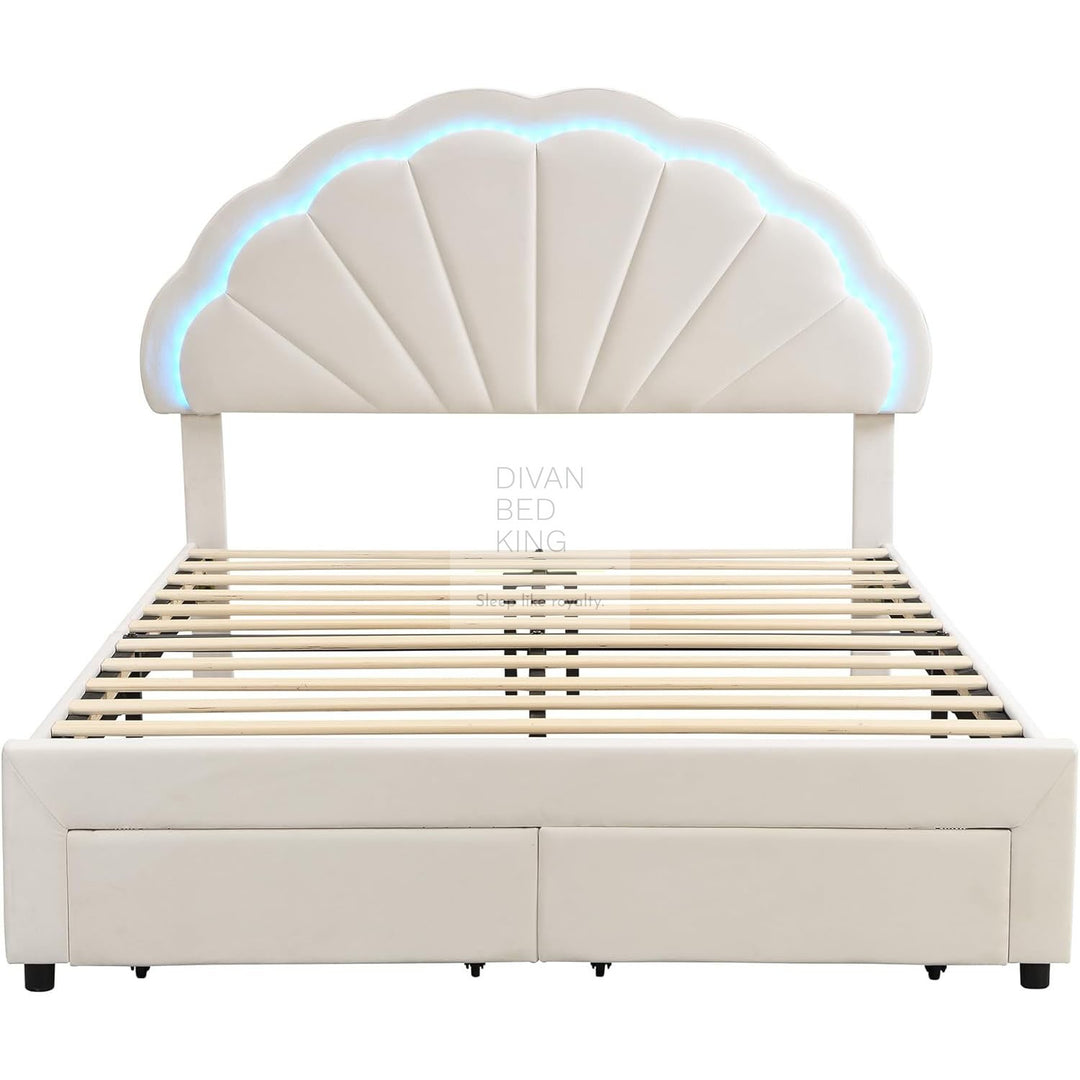 Blossom Beige Off White Velvet LED Bed with End Drawer Storage