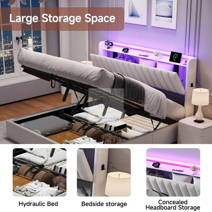 Mauricio White Leather Ottoman Smart Bed with LED Headboard Storage Charging Station, Socket, USB and Type C Port
