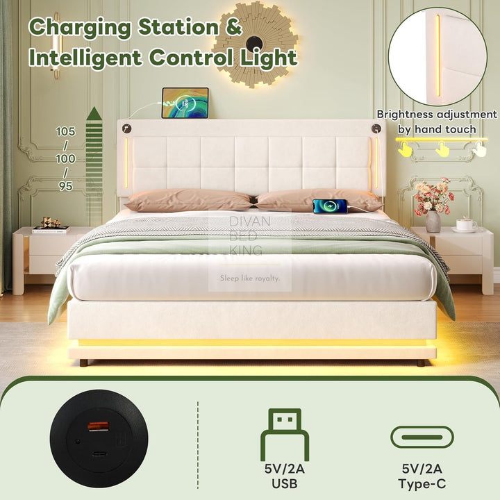 Varese Beige Velvet Ottoman Storage Smart Bed with LED Lighting, Type C and USB Headboard Shelf