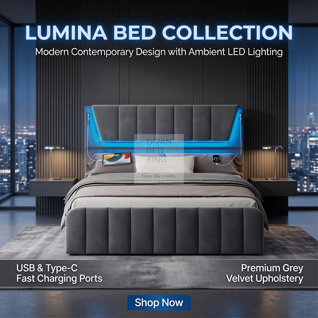 Kamari 4 Drawer Storage Grey Plush Velvet Smart Bed with with LED Lights, USB and Type-C Charging
