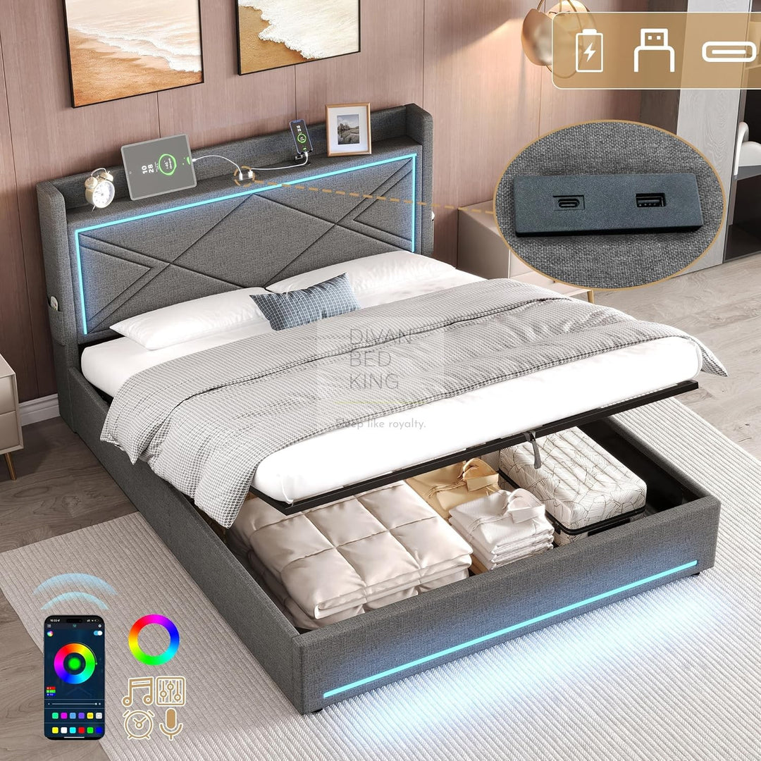 Montecelio Charcoal Grey Linen Ottoman Storage Bed with LED Lights, Type C and USB Charging Headboard Storage Shelf