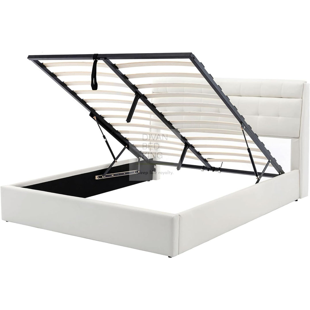 Carmine White Leather Ottoman Storage Bed with Headboard Storage