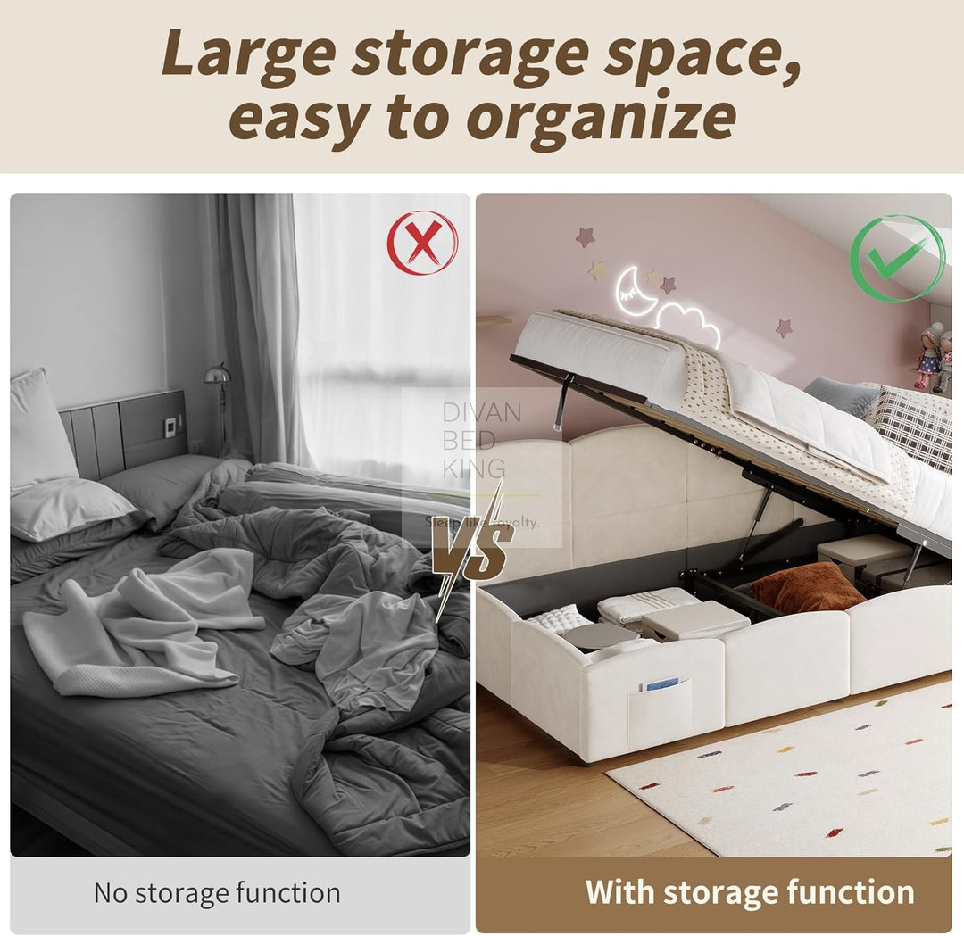 Amaia Beige Plush Velvet Smart Ottoman Storage Daybed Sofa Bed Couch with Charging Station, USB & Type C Ports