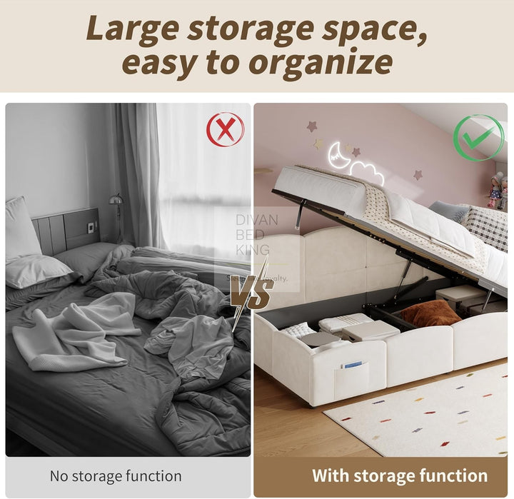 Amaia Beige Plush Velvet Smart Ottoman Storage Daybed Sofa Bed Couch with Charging Station, USB & Type C Ports