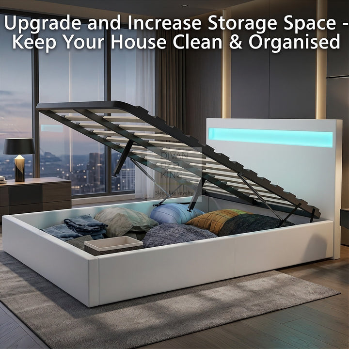 Pia White Leather LED Ottoman Gas Lift Storage Bed
