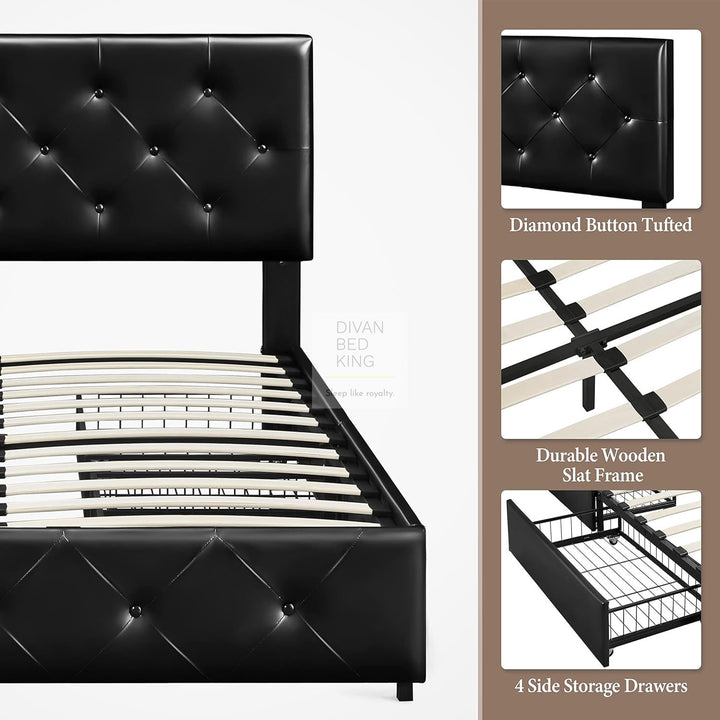 Emma Black Leather 4 Drawer Buttoned Bed Frame