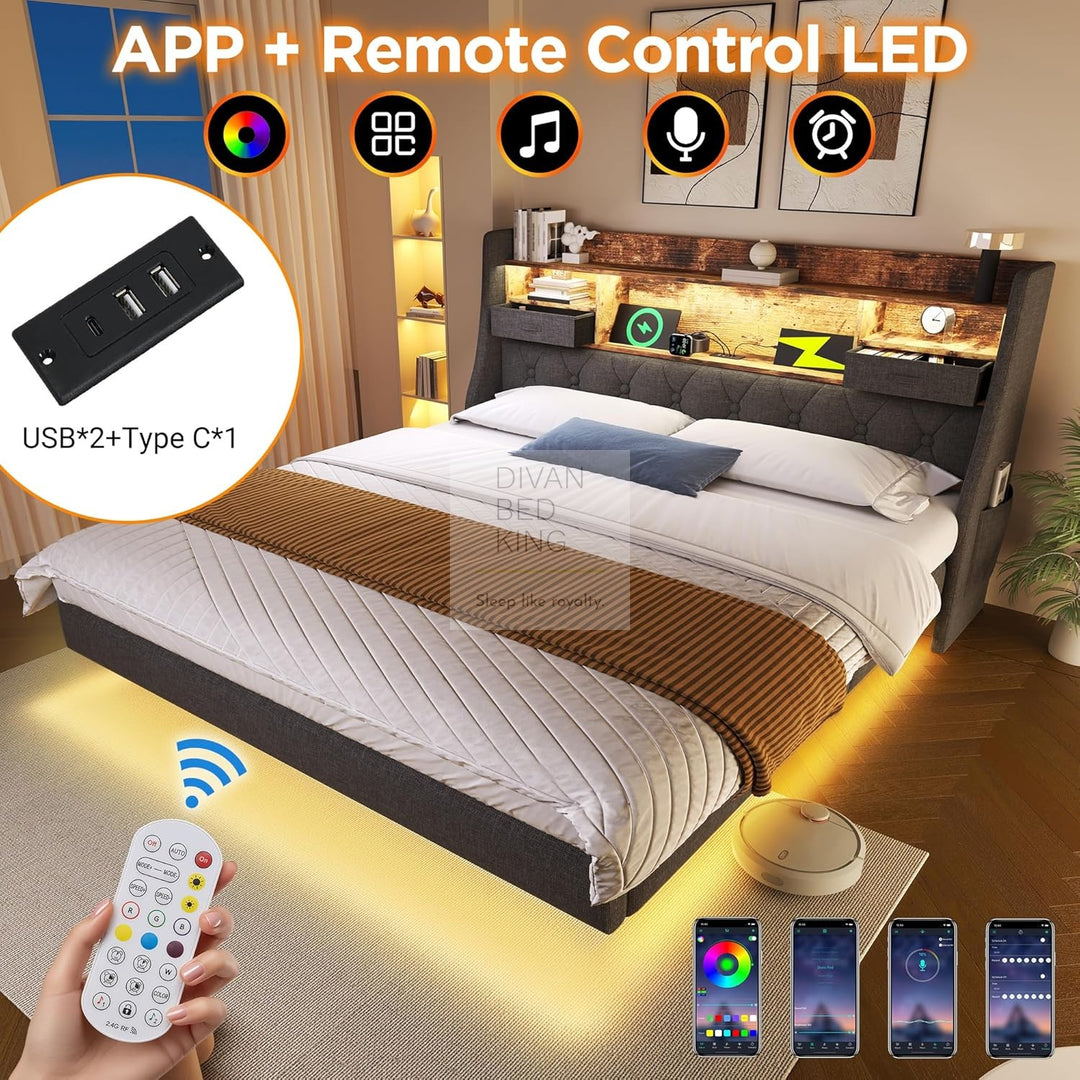 Burton Smart Metal Floating Bed Frame with Grey Padded Storage Headboard, LED Lights, USB, Type C & AC Sockets Charging Station