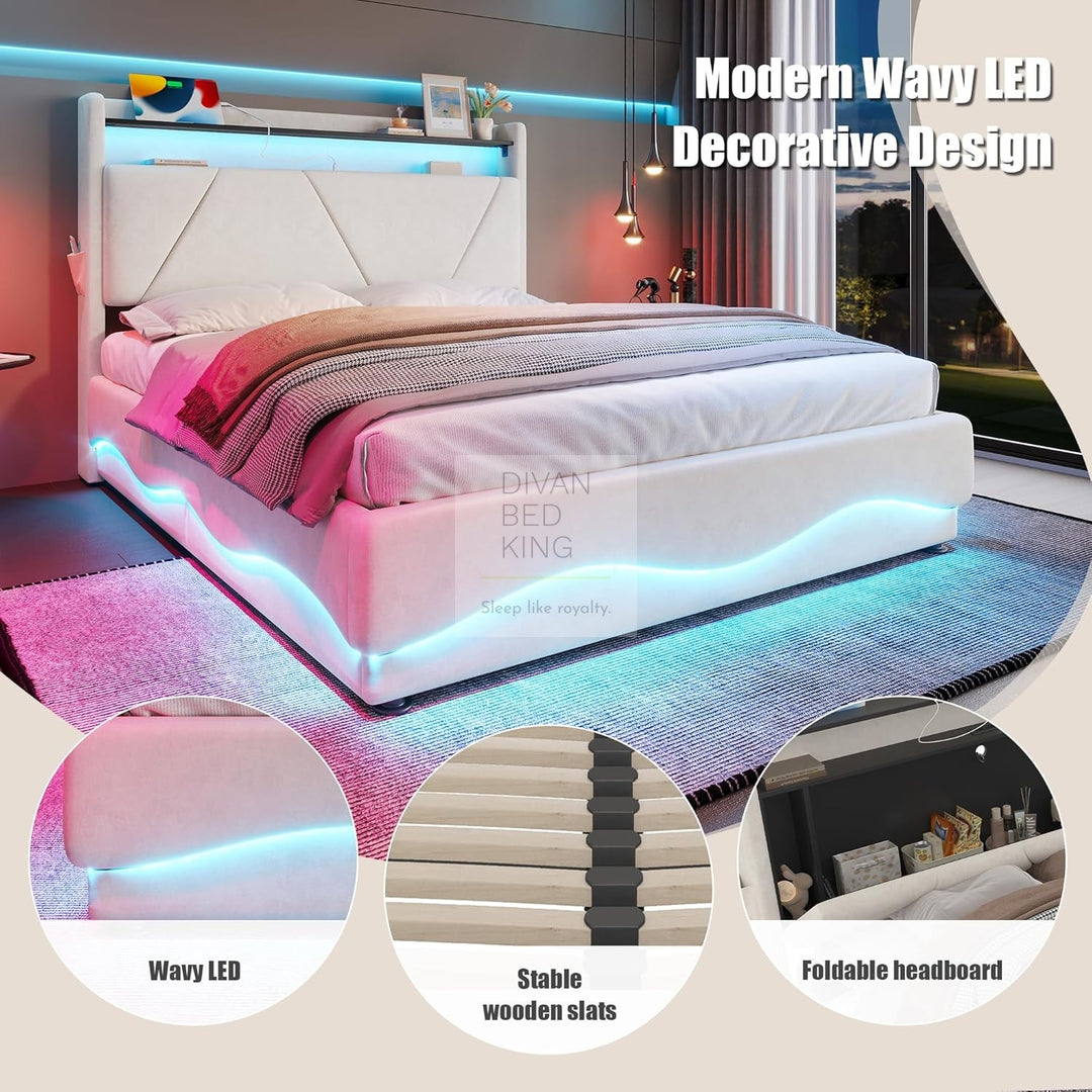 Aviana Wave LED Beige Velvet Ottoman Storage Bed Frame with USB Type C Charging Station on Headboard Storage Shelf
