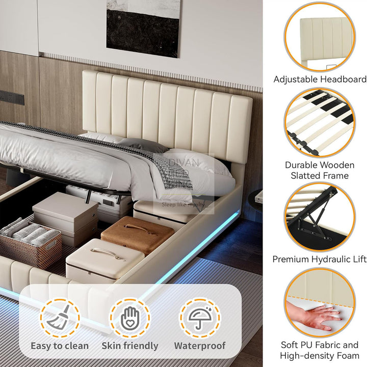 Giuliana Cream Beige Leather LED Ottoman Storage Bed Frame