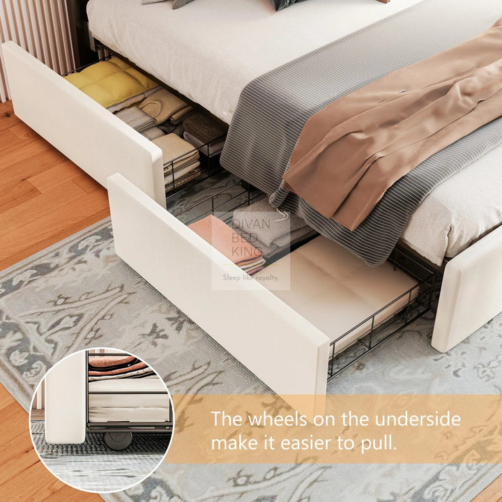 Harmon Beige Linen Smart Bed with 4 Drawer Storage, LED and Charging Station AC Socket, USB, Type C on Headboard Storage Shelf