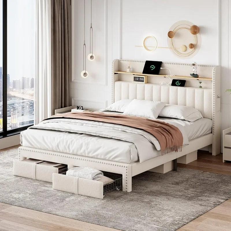 Elinor Beige Linen Smart LED Bed